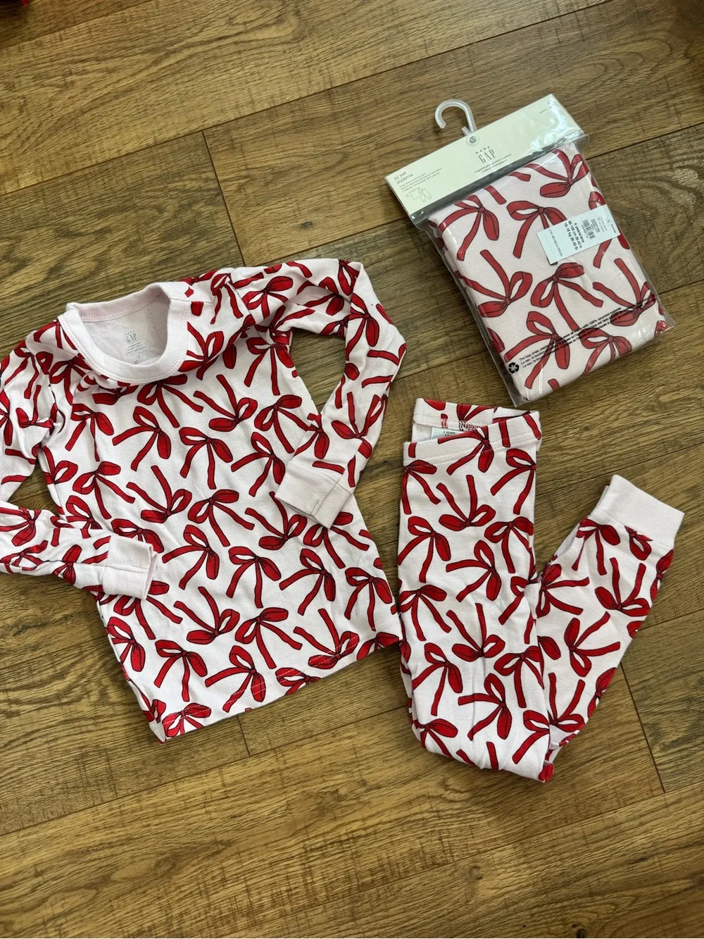 GAP Baby Pink Pajama Set with Red Bow Pattern